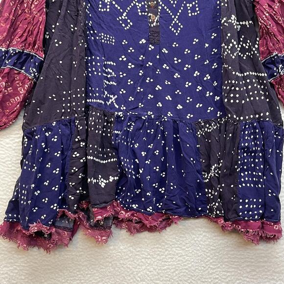 Free People Shirt Womens Large Blue Boho Tunic Henley Balloon Sleeve Ruffle Hem - Picture 5 of 12